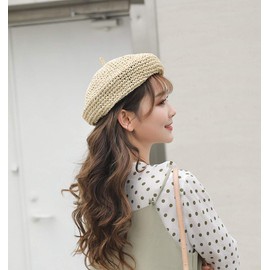 Straw Beret Solid Plain Flat Top Woven Berets Fashion French Style Painters Hat Cap, Khaki