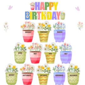 CORNER LACE Wildflowers Theme Happy Birthday Bulletin Board Set for Classroom 15Pcs, Calendar Poster Birthday Chart Wall Cutouts Decoration for Teacher Student(Pink Yellow Purple)