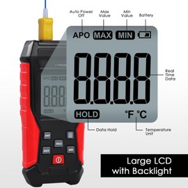 JuviPerpric Thermocouple Thermometer Digital K Type Thermometer, Thermocouple Tester(-328~2501℉) with 2 K-Type Thermocouples LCD Display Temperature Tester for K Type (Single Channel)