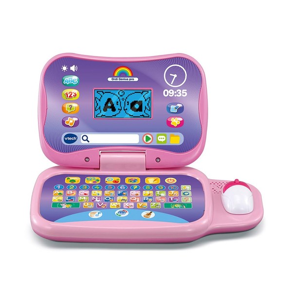 VTech - Ordi Genius Pro Pink Portable Children's Computer with Backlight, Mouse, 20 Scalable Games, Educational Toy, Gift for Children from 3 Years to 7 Years - Content in French and