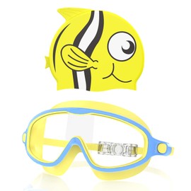 YLKJSWIM Kids Swim Goggles with Silicone Swim Cap, Swimming Goggles Cap Set for Kids 3-8, Large Frame Anti-Fog Anti-UV Leaking pool goggles for Boys Girls Youth Toddler