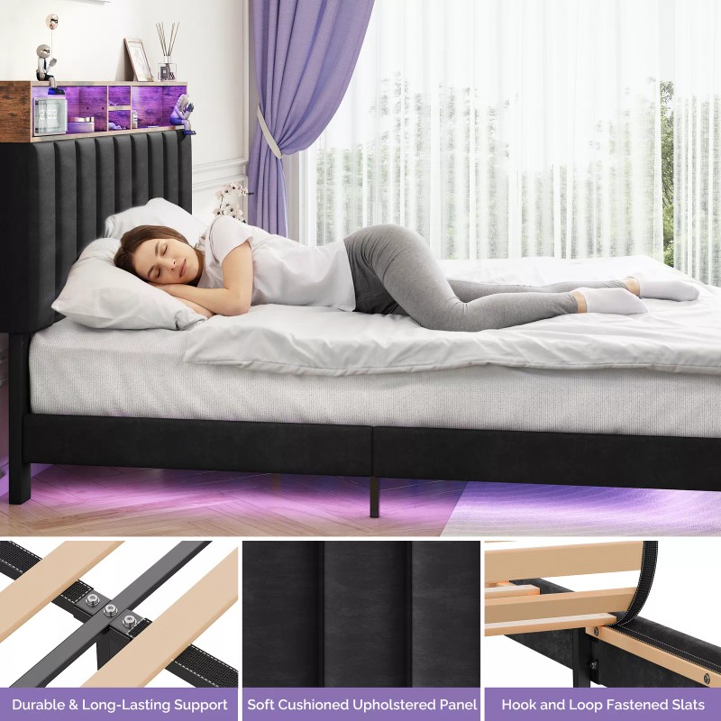Sersper Full/Queen Size Bed Frame with Storage Headboard, Charging Station
