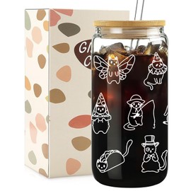 Mikopei Cat Gifts for Women Girls - Funny Glass Cups with Lids and Straws, Cute Cool Cat Lover Gifts Decor Stuff Accessories, Iced Coffee Cup Tumbler for Bestie Birthday, 16 oz