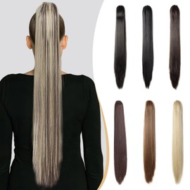 Benehair Claw Clip in Ponytail Hair Extensions, 26 Inches Long Straight Ponytail Extensions Clip in Hair Extension Synthetic Hair Pieces for Women(Dark Brown mix Ash Blonde, 150g)