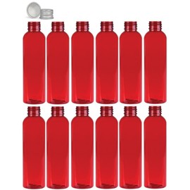 Premium Essential Oil 4 Ounce Cosmo Round Bottles, PET Plastic Empty Refillable BPA-Free, with Silver Aluminum Lined Non-Dispensing Caps (Pack of 12) (Red)