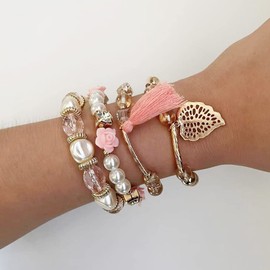 Carufin Add to Wish List Crystal Multilayer Pearl Bracelets Elasticity Bracelet with Tempered Tassels Hand Accessories Jewelry for Women and Girls (Pink)