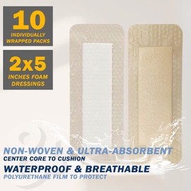 EVERLIT Care Silicone Foam Dressing with Adhesive Border | Highly Absorbent Hypoallergenic Bandages for Chronic Wounds, Bed Sores, Pressure Ulcers | Gentle & Secure Adhesion (2" x 5" | 10 Pack)