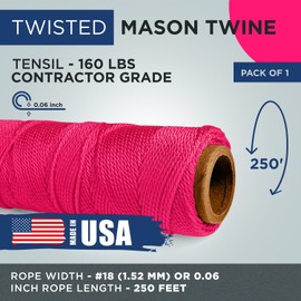 IDL Packaging #18 x 250' Twisted Mason Twine, High Visibility Pink - for Masonry, Laying Out Lines & Boundaries, DIY, Crafts, Gardening - 160 lbs Tensile Strength (Pack of 1)