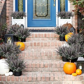 Ruidazon Artificial Fake Grass, 12 PCS Outdoor Faux Grasses Plastic Plants Greenery UV Resistant for Outside Home Window Box Garden Office Patio Hanging Planter Front Porch Décor (Dark Green +Red)