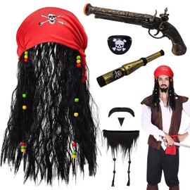 VEQENIFY Pack of 7 Pirate Costume Pirate Costume Men's Pirate Costume Pirate Accessories Costume Pirate Men's Pirate Headscarf Pirate Wig Pirate Costume Accessories for Carnival Pirate Party