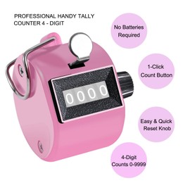 Clicker Counter Metal Hand Tally Counter 4-Digit Number Counter, Handheld Mechanical Counters Clickers Pitch Umpire Click Counter for Baseball, Coaching, Knitting, People, Lap, Fishing, Golf, (Pink)