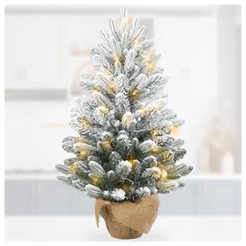 Gfilay 3ft Christmas Tree,Artificial Snow Small Pine Christmas Tree,Pre-lit Mini Flocked Tabletop Christmas Tree with 60 LED Lights and Cloth Bag Base