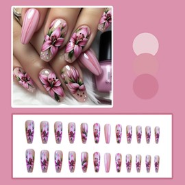 Press On Nails Almond Fake Nails Pink Flower Stripe Stick On Nails Glossy Shiny Uñas Postizas Acrylic Nails Kit Press On Nails For Women 24pcs