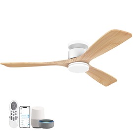 52 Inch Smart Flush Mount Ceiling Fans with Lights Remote,Wood Outdoor Indoor Ceiling Fan,WIFI Alexa App Control,Quiet DC Motor,Modern Low Profile Fan LED Lighting for Bedroom Patio,White & Light Wood
