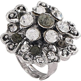 CZ Vintage Flower Statement Ring for Women Cubic Zirconia Black Crystal Expandable Adjustable Geometric Open Wrap Rings Comfort Fit Dainty Birthday Christmas Party Jewelry Gift