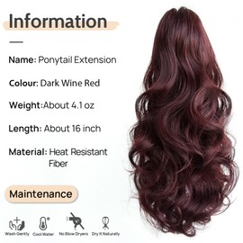 StrRid Pony Tails for Women Claw Clip Ponytail Extension Wavy 16" Synthetic Clips in Ponytails Hair Extensions Wigs Fluffy Heat Resistant Hairpieces for Wedding Party Daily Use 6 Oz Burgundy