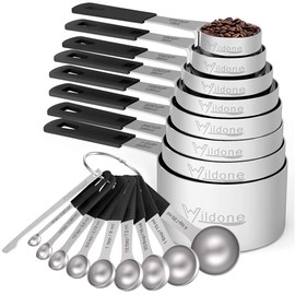 Measuring Cups & Spoons Set of 18 - Wildone Stainless Steel Nesting Measuring Cups 8 Piece and 9 Measuring Spoons, 1 Leveler, Ideal for Dry and Liquid Ingredients (Black)
