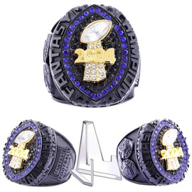 2024 Fantasy Football Ring | Heavy FFL Champion Ring | Gold Silver Tone Plated Award Trophy for Fantasy Football League Winner (size 14, ring and stand together)