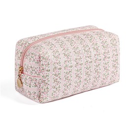 WHHJM Cute Floral Makeup Bag Small Cotton Quilted Cosmetic Bag, Aesthetic Pencil Pouch Toiletry Period Bag for Women Girls Travel Accessories (Pink Floral)