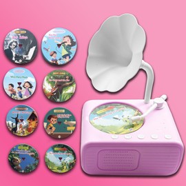 HALCONTORNO Kids Music Record Player with Speakers - 96 Recorded & 8 DIY Discs, Bluetooth Song Story Machine, Portable Retro Phonograph Toy for Toddlers, Gifts for Boys Girls Ages 3-12 (Pink)