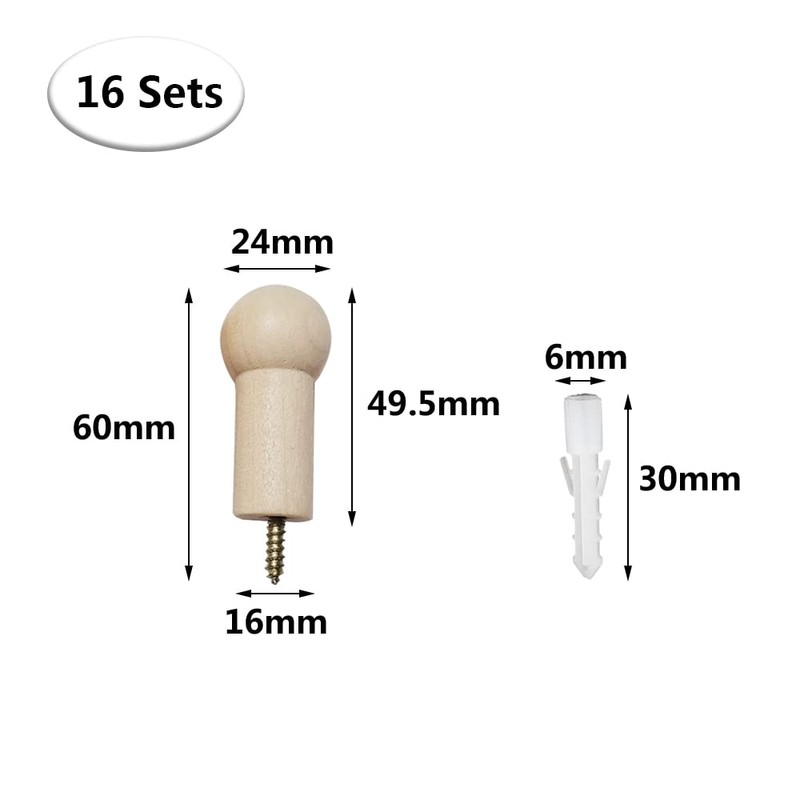 通用 16 Pcs Wall Hooks Rack Wall-Mount Wooden Coat Hooks