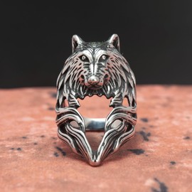 WESTMIAJW Mens Wolf Head Ring Stainless Steel Gothic Punk Goth Wolf Rings for Men Size S