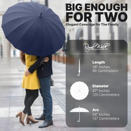 Royal Walk Large Umbrella for 2 Persons, Navy Blue, 54 Inch, Windproof, Auto Open, Wooden Handle, Drying, Strong 16 Ribs, Travel 120cm
