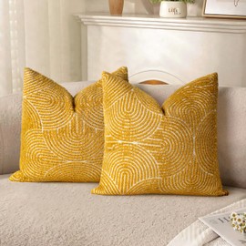 AELS Boho Decorative Textured Throw Pillow Covers 16x16, Organic Modern Mid Century Rainbow Tufted Pillow Case, Farmhouse Rustic Geometric Woven Cushion Case for Bed Couch Sofa, Mustard Yellow