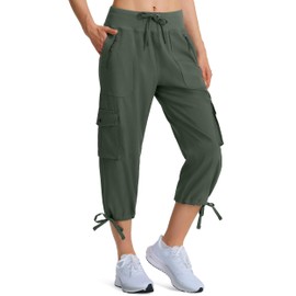 Ksmien Women's Hiking Capris Quick Dry Lightweight Ladies Summer Cargo Pants 8 Pockets for Travel Camping Army-Green