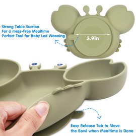 Silicone Suction Plate for Toddlers - Self Feeding Training Divided Plate Dish and Bowl for Baby and Toddler, Fits for Most Highchairs Trays, BPA Free Microwave Dishwasher Safe (Crab-Tea Green)