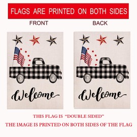 Patriotic Pickup Truck Star Garden Flag Vertical Double Sided 12.5 x 18 Inch, Black and White Buffalo Check Plaid Rustic Truck Farmhouse Burlap for Spring Summer Outdoor Indoor Decoration