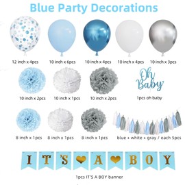 Baby Boy Shower Decorations, 46 Pieces Blue Party Decor with IT'S A BOY Banner, Blue Silver White Balloons Foil Tassel Paper Pom Poms for Boho Baby Shower Gender Reveal Party Supplies