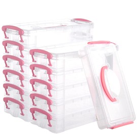 MUXHEL 12 Pack Plastic Pencil Box Clear Pen Storage Organiser with Lid Stackable Portable Pencil Storage Box with Handle for Office Home & School-21.5x10x20.5cm