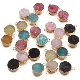 5Pcs Natural Round Druzy Agate Stone Pendant Links Healing Chakra Gemstone Charms Pendants 13X7mm for Jewelry Making Hole: 2mm (Random Mixed Colors)