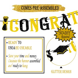 JOJO FLY Black and Gold Congrats Grad Banner, Graduation Party Supplies, Class of 2025 Decorations, Congratulations Banner for High School College Graduation Party Decorations 2025