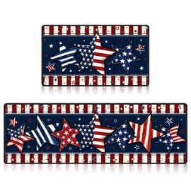 4th of July Patriotic Kitchen Rugs Set of 2, America Stripe Stars Kitchen Mats, Non-Slip Independence Day Carpet Rug for Memorial Day Holiday Indoor Outdoor Home Decorations 17x29 and 17x47 Inch