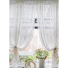Yaland Jacquard Panel Curtain, Country House Style with Floral Pattern, Lace Look, Translucent Curtain with Ruffle Tape in Kitchen, Living Room, 1 Piece, H x W 130 x 140 cm