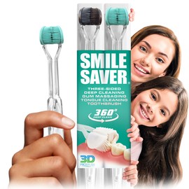 SMILE SAVER 360° Deep Clean 3-Sided Toothbrush | 2-Pack | Deep Cleaning + Gentle Gum Massage + Tongue Cleaner | Everyone can Easily Brush Better Adults Children Braces Travel Gift | Made in The USA
