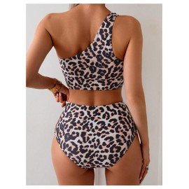 Floerns Women's 2 Piece Swimsuits Cheetah One Shoulder High Waisted Bikini Swimsuit Beige Multi Large