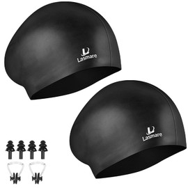 Long Hair Swim Cap for Women 2 Pack, Silicone Swimming Caps for Unisex Adult Women Men with Ear Plugs & Nose Clip Set, Waterproof Adult Swim Hats Bathing Caps to Keep Hair Dry(Black+Black)