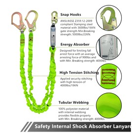 6FT Double Leg Internal Shock Absorbing Safety Fall Protection Lanyard with Dual Rebar & Snap Hook |Heavy-Duty Webbing | Roofer, Construction, Scaffolding | OSHA & ANSI Rated (A-Shock Absorbing)