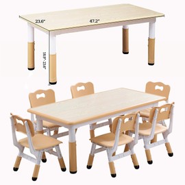 Kids Table and Chairs Set,Height Adjustable Toddler Arts & Crafts Table with 6 Seats for Ages 2-10,Graffiti Desktop, Non-Slip Legs,Max 330lbs Kids Activity Art Table for Classroom Daycares,Home