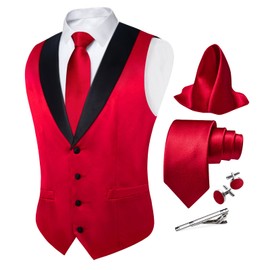 DiBanGu Mens Red Vest Solid Color Satin Suit Waistcoat Tie and Pocket Square Set Formal Shawl Lapel Dress Vest for Wedding Business