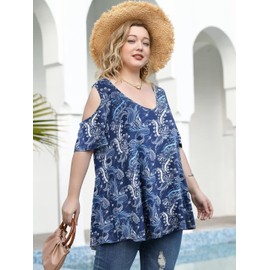 LARACE Cold Shoulder Tops for Women Plus Size Floral Shirts Paisley V Neck Tunic Ruffle Sleeve Summer Clothes(Flower17 3X)