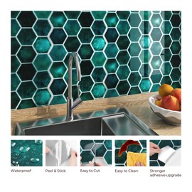 FunStick 30 Sheets Peel and Stick Tile Backsplash for Kitchen Wall 12"x12" Emerald Green Hexagon Wall Tile Stickers Self Adhesive Stick on Backsplash Tiles 3D Wall Panels for Bathroom Laundry Walls