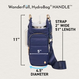 WanderFull® HydroBag® Handle Collection: Large Water Bottle Holder with Strap & Zipper Slot for Handle, Crossbody Tumbler Carrier Bag with Organizer Pockets - Navy, Vegan Leather Trimmed Strap.