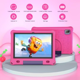 VOLENTEX 10 Inch Kids Tablet with Case, 10 Inch Android Tablet for Kids, 6GB RAM 64GB ROM, Parental Control, Educational Games Pre-Installed, Dual Camera, 6000mAh, Bluetooth (Pink)