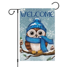 Wodison Owl Welcome Winter Garden Flag 12 x 18 Inch Double Sided Outside, Snowflake Winter Seasonal Farmhouse Yard Outdoor Decor