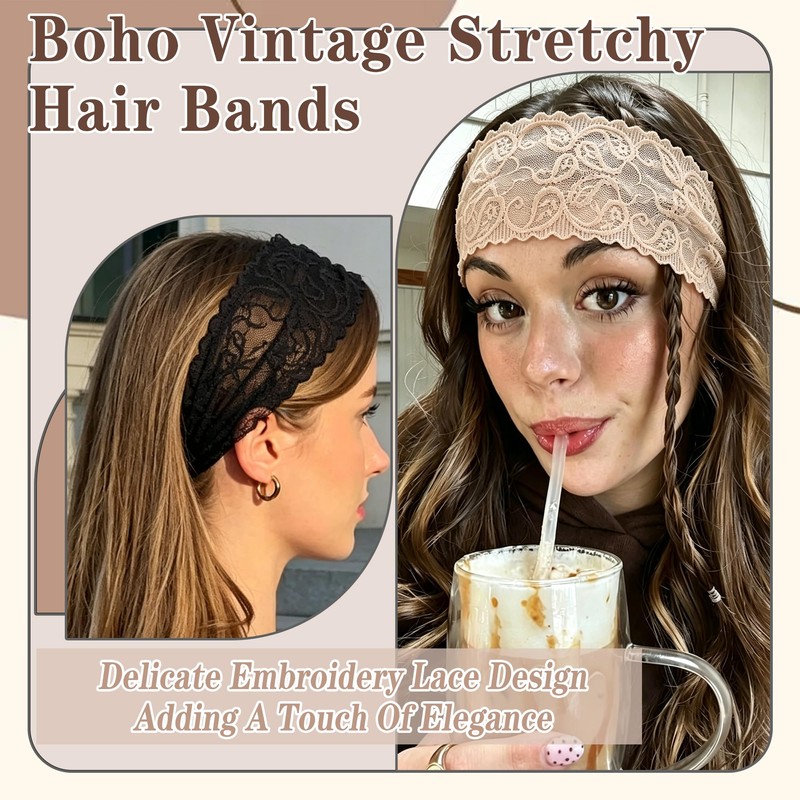 3 PCS Wide Boho Lace Headbands Stretchy Vintage Floral Hair