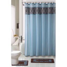 WPM 4 Piece Luxury Majestic Flocking Blue Bath Rug Set/ 2 Piece Bathroom Rugs with Fabric Shower Curtain and Matching Rings